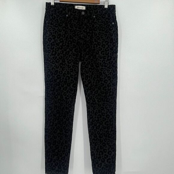 Madewell Black 9” Mid Rise Flocked Leopard Print Skinny Jeans Size 28 - Picture 1 of 7